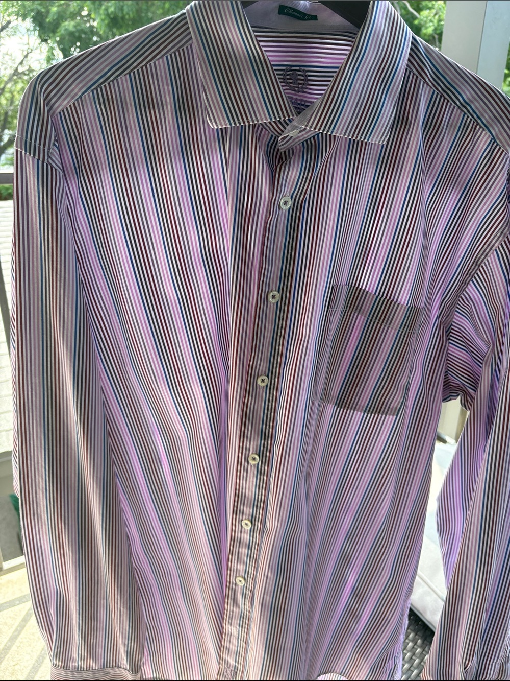 Bugatchi Men’s Pink and Black Multi-Stripe Dress Shirt